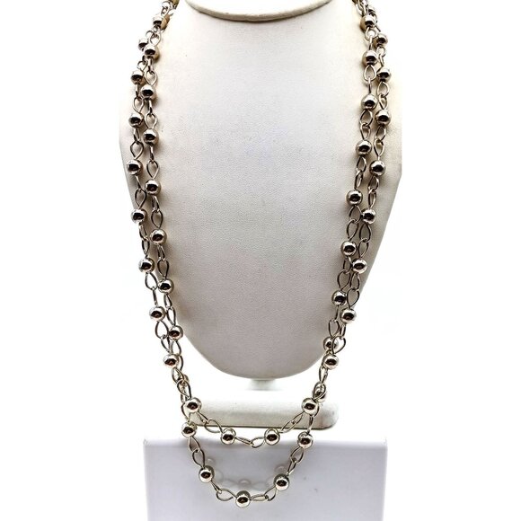 Super Long Vintage Chain Necklace with Silver Tone Beads on Infinity Links - Picture 3 of 4